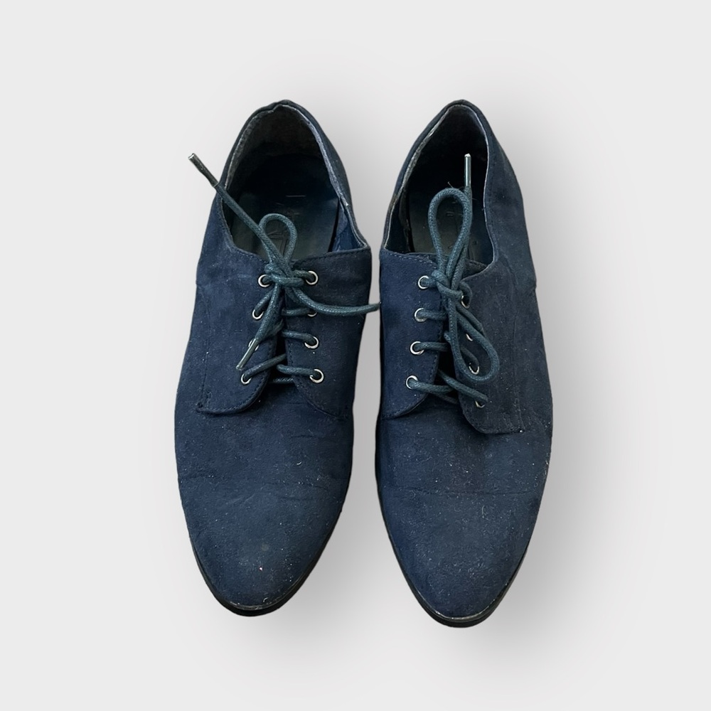 Forever 21 Navy Blue Faux Suede Pointed Toe Lace Up Oxford Flat Shoes